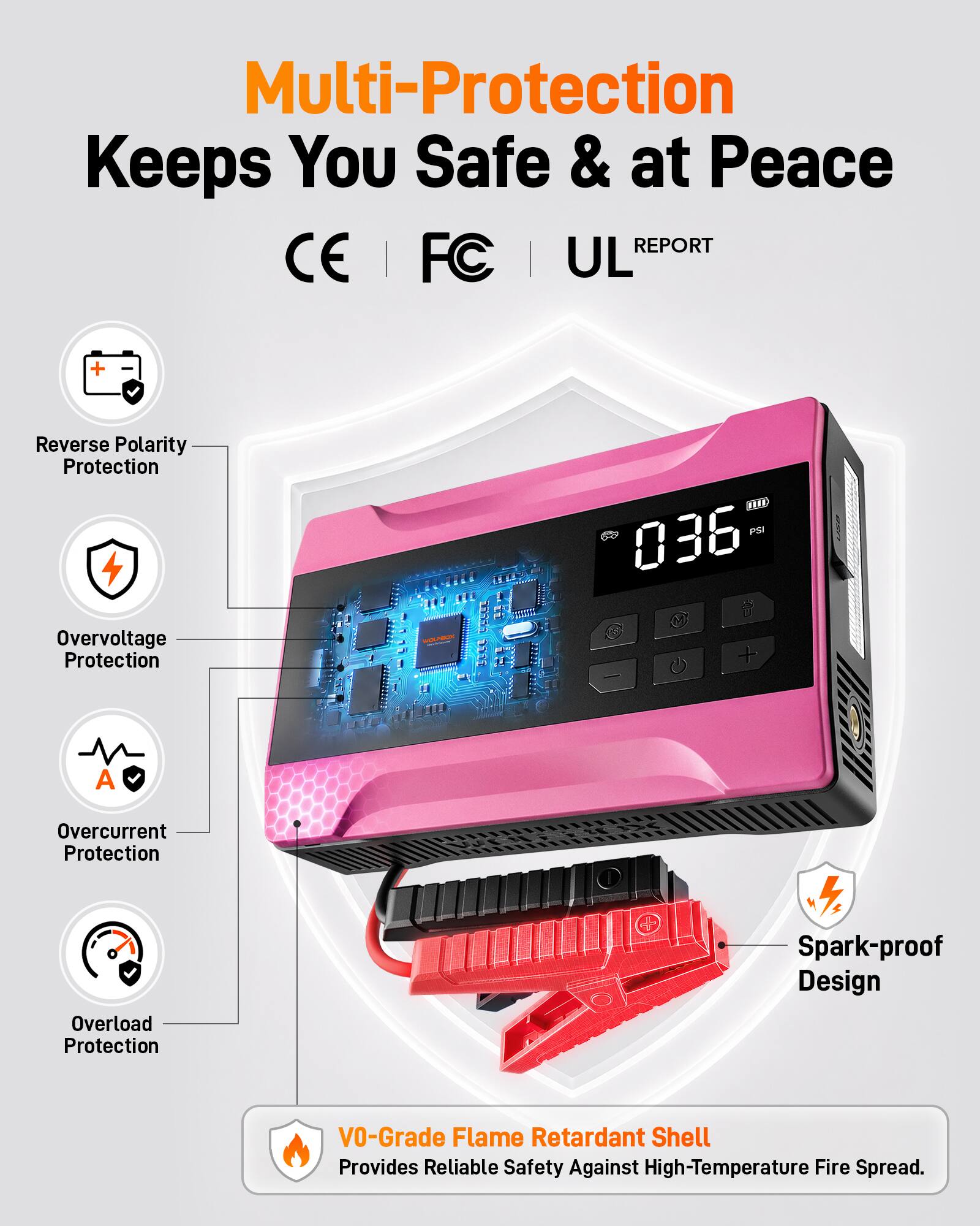 Multi-Protection Keeps You Safe & at Peace  
REPORT  
CE | FC | UL  

- Reverse Polarity Protection  
- Overvoltage Protection  
- Overcurrent Protection  
- Overload Protection  
- Spark-proof Design  
- VO-Grade Flame Retardant Shell  
Provides Reliable Safety Against High-Temperature Fire Spread.