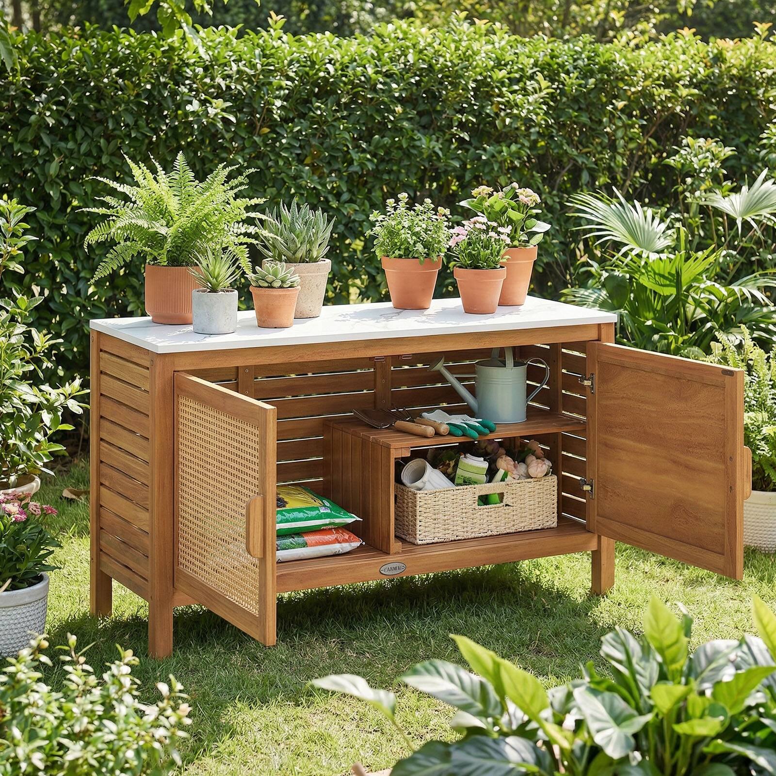 Alt View 4. Gymax - Gymax Outdoor Acacia Wood Storage Cabinet Outside Tool Cabinet with Fax Marble Top - Yellow.