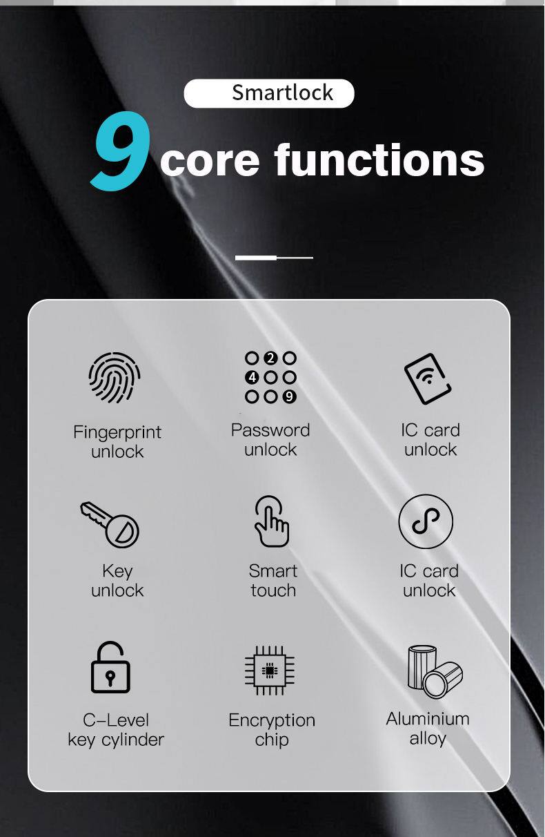 Smartlock  
9 core functions

- Fingerprint unlock
- Password unlock
- IC card unlock
- Key unlock
- Smart touch
- IC card unlock
- C-Level key cylinder
- Encryption chip
- Aluminium alloy