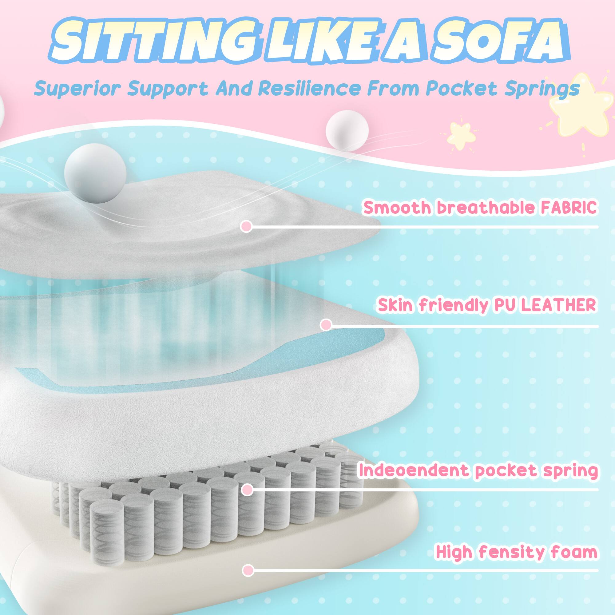 SITTING LIKE A SOFA  
Superior Support And Resilience From Pocket Springs  

- Smooth breathable FABRIC  
- Skin friendly PU LEATHER  
- Independent pocket spring  
- High density foam