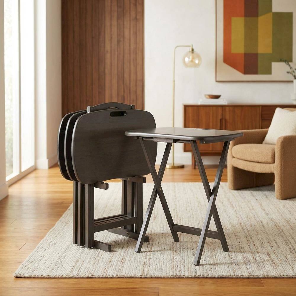 Alt View 4. FurniFact - 5-PC Folding Tray Table Set - Oyster Gray.