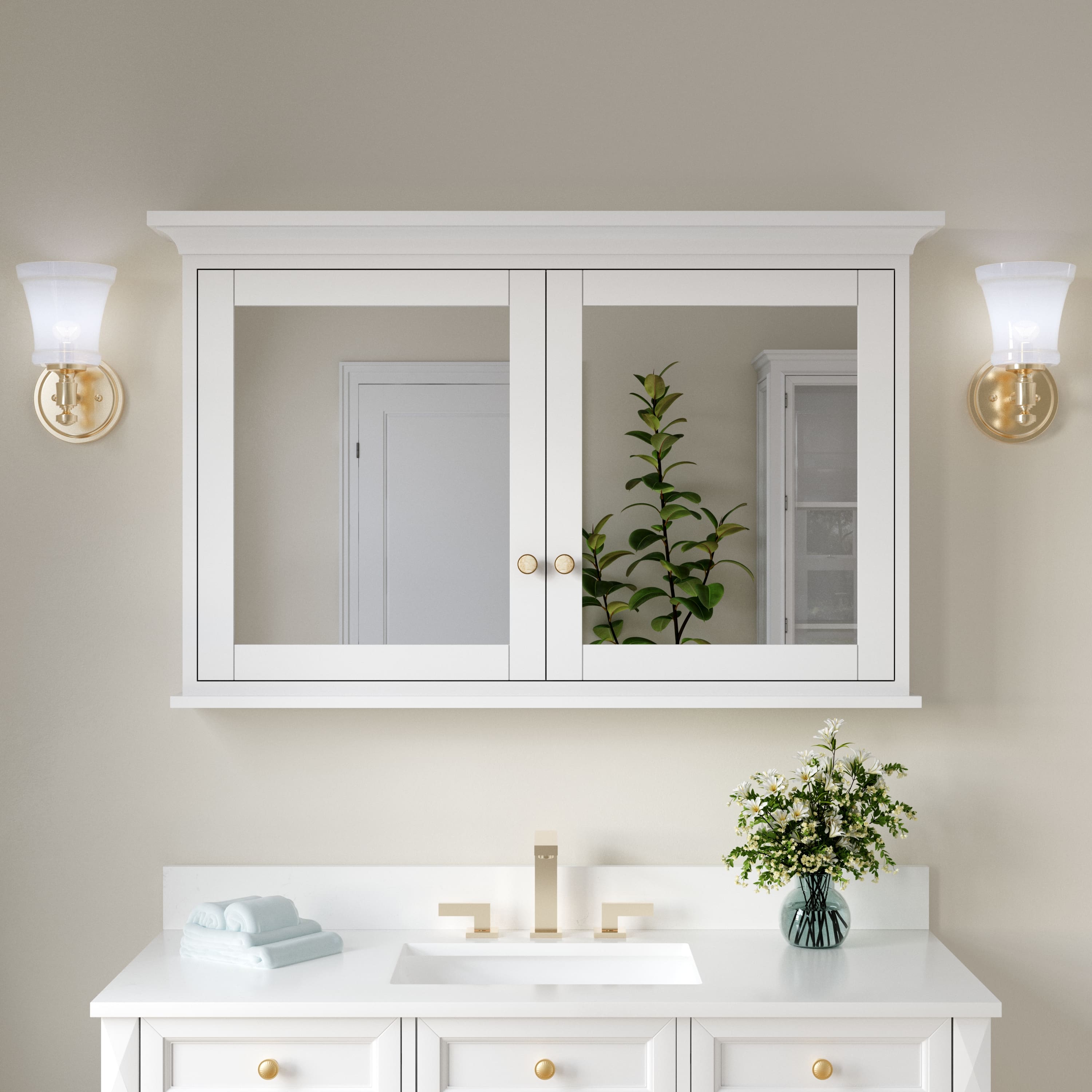 WELLFOR - 48 in. W x 30 in. H Rectangular Solid Wood Medicine Cabinet with Mirror with Double Door - White price history on PriceWatchPro