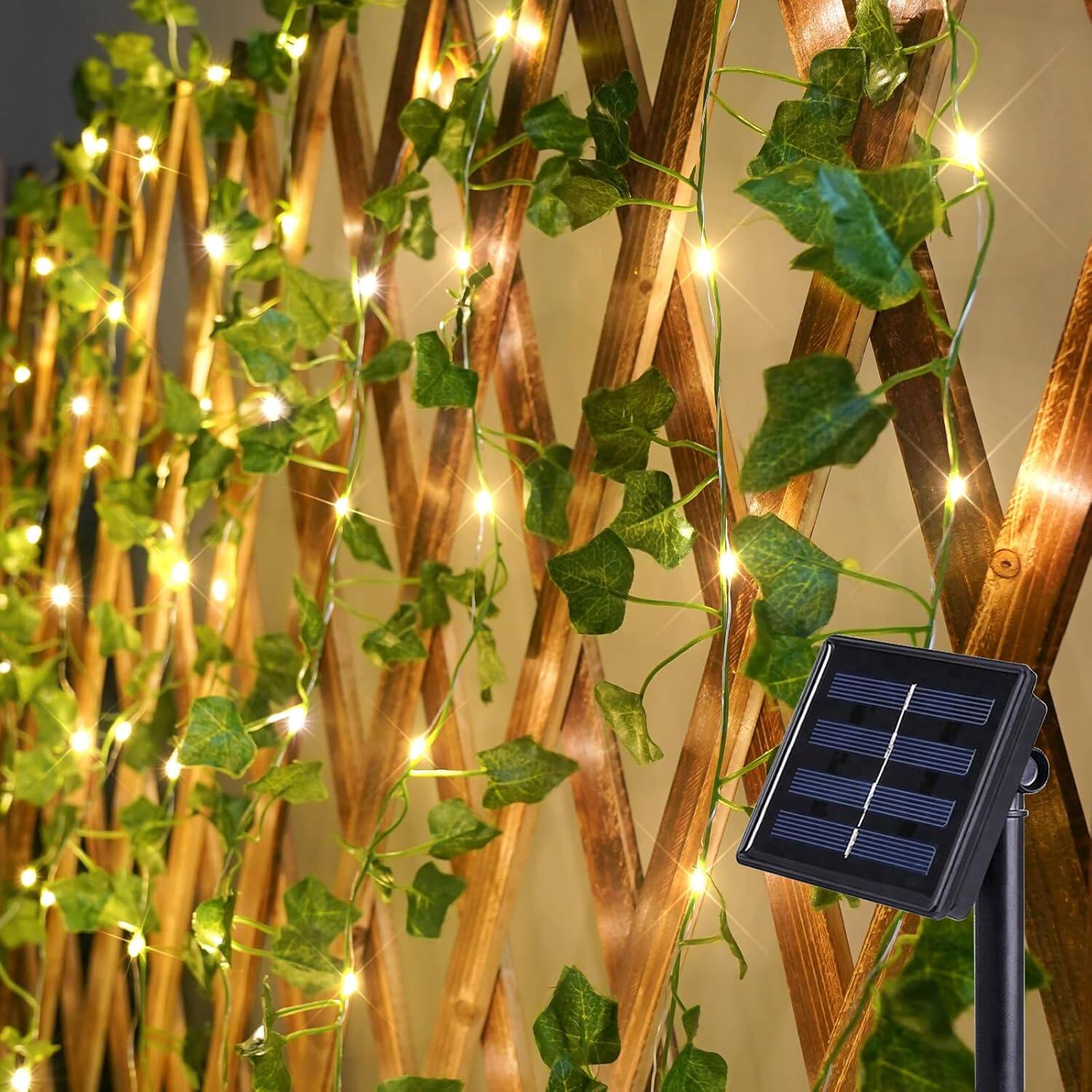 Schertz - 33ft Solar Ivy Fairy Lights – 100 LED Waterproof Outdoor Vine Lights, 8 Modes, Warm White - ‎warm white