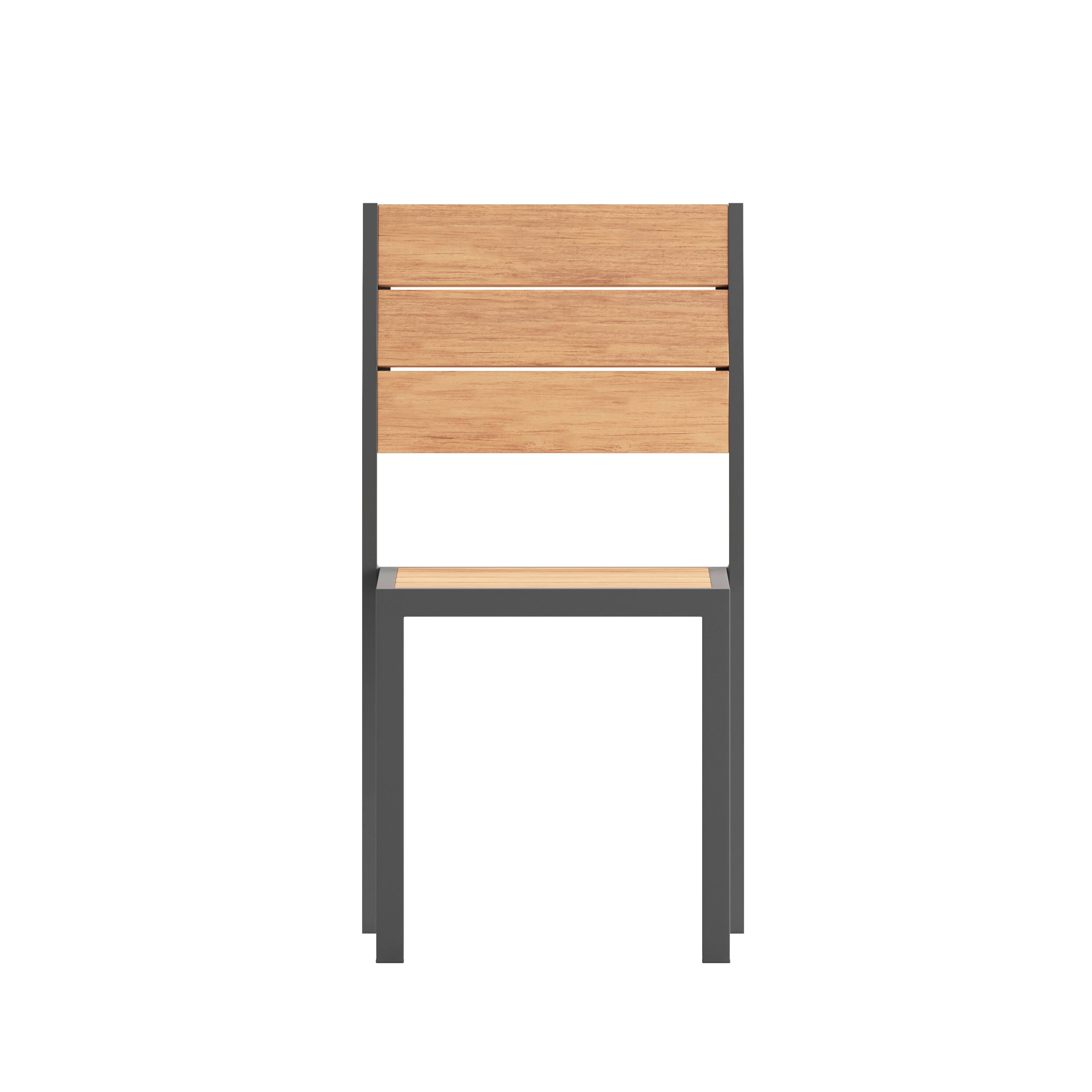 Alt View 9. Emma + Oliver - Fena Outdoor Stacking Side Chair with Faux Teak Poly Slat Seat, Back and Arms and Metal Frame - Natural.