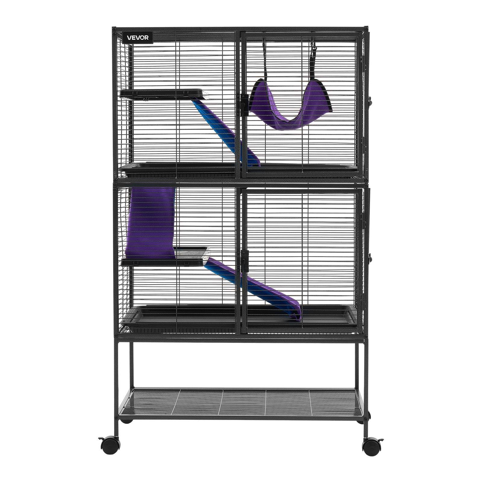 Alt View 5. VEVOR - Metal Small Animal Cage 51.2"H 4-Tier Rolling Ferret Cage On Wheels, 0.55" Wire Spacing Large Cages with Hammock, Ramps - Black with Silver Coating.