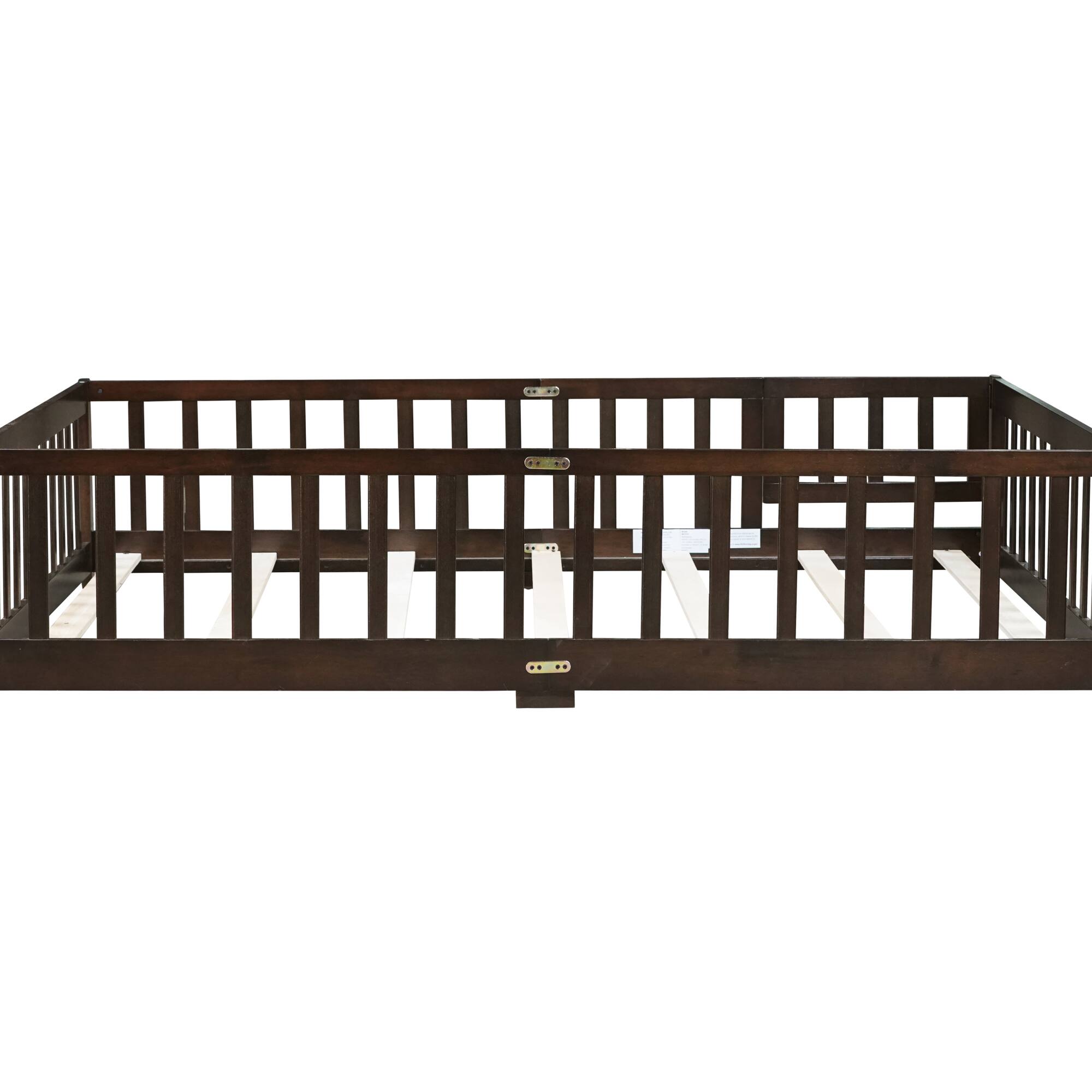 Left. GOODSILO - Full Size Floor Bed with Safety Fence and Revolving Door for Children, Sturdy Rubber Wood Construction - Espresso.