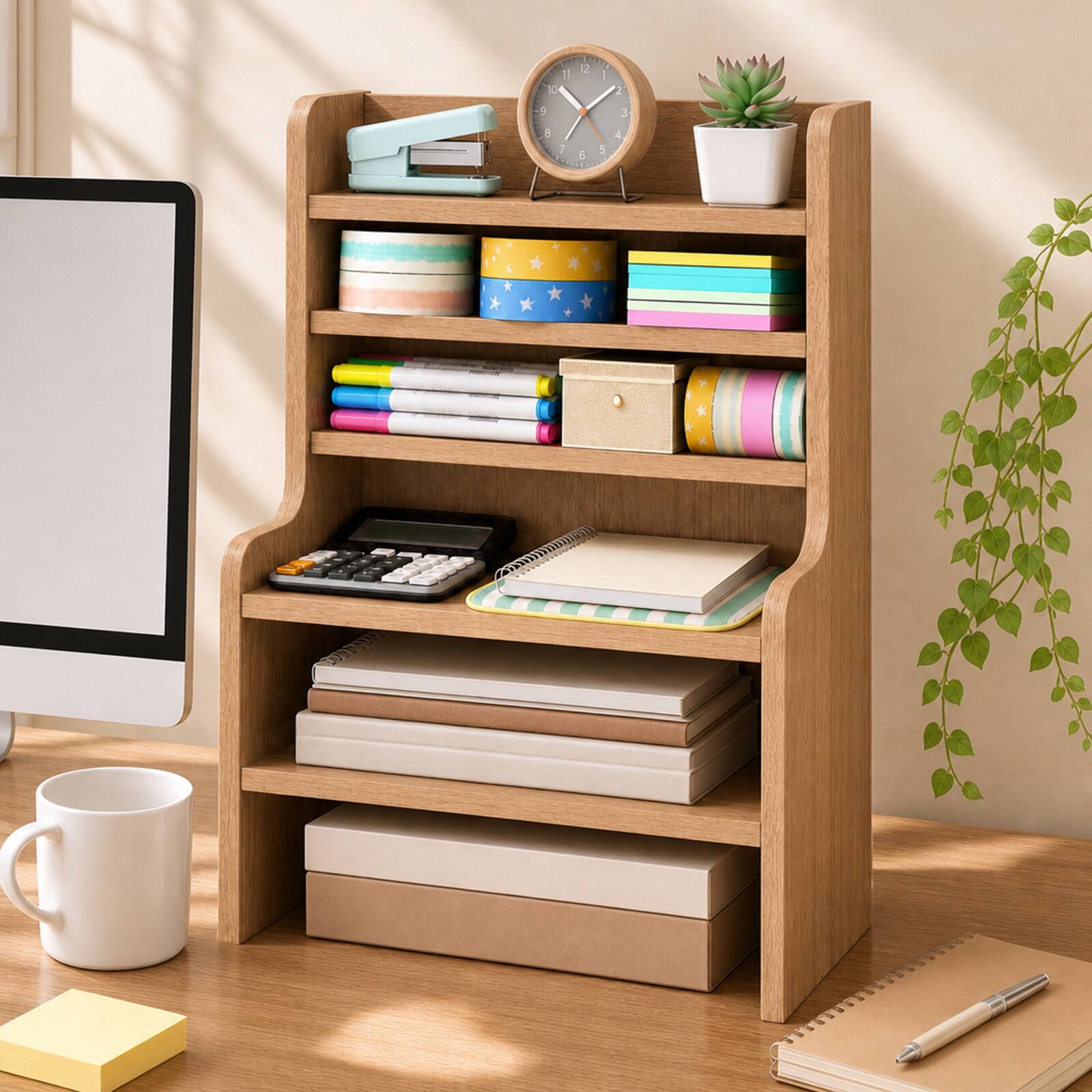 Alt View 1. Costway - Costway Desktop Bookshelf with Open Cubes and Adjustable Shelves, 12 x 6.5 x 16.5 in - Natural.