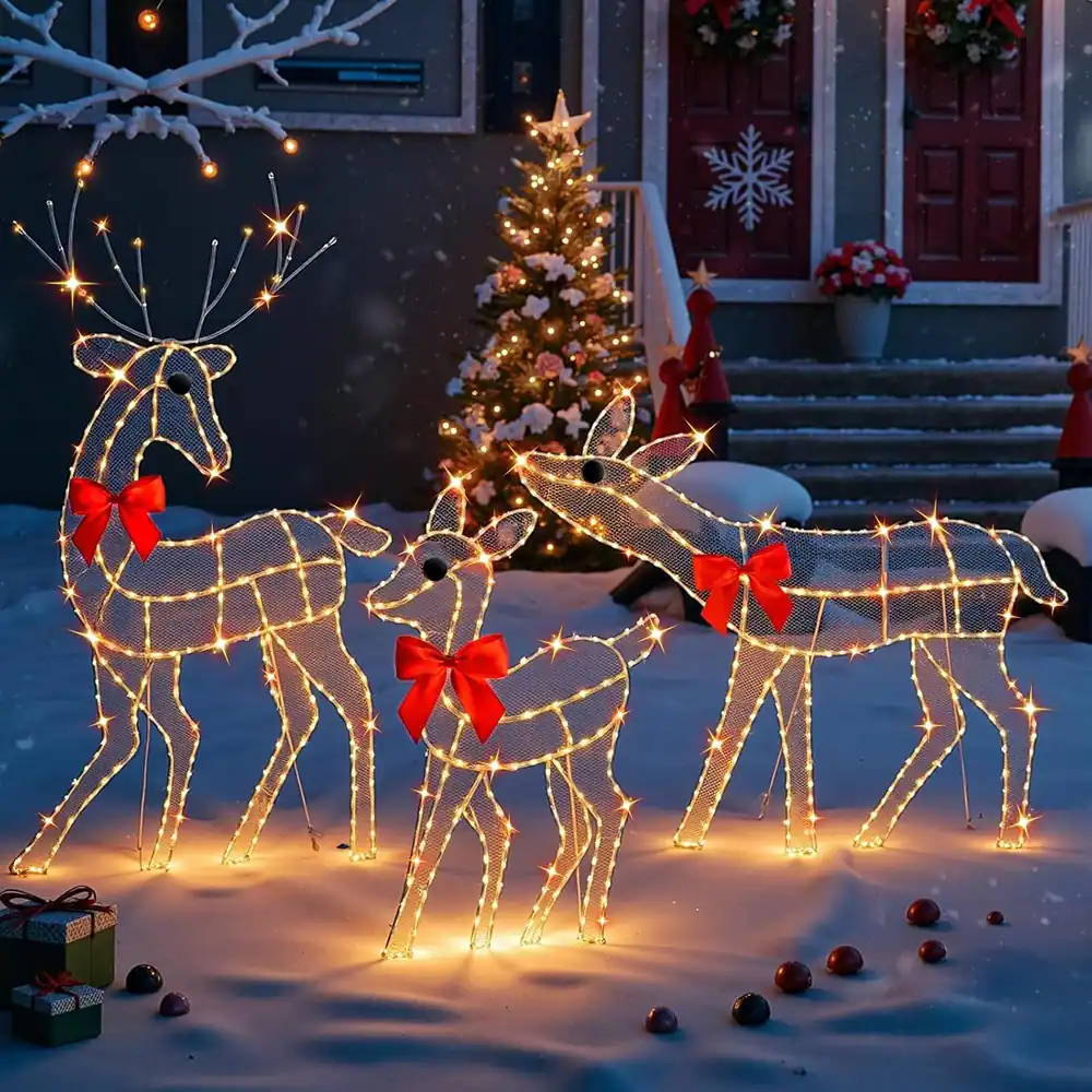 Front. Schertz - 3-Pc Lighted Reindeer Christmas Decorations w/ 260 LEDs for Outdoor Yard - Warm White, Silver.