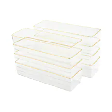 Front. Martha Stewart - Kerry Set of 8 Plastic Stacking Desk Drawer Organizers with Gold Trim - 9 x 3 - Clear/Gold Trim.