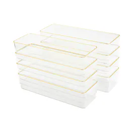 Martha Stewart - Kerry Set of 8 Plastic Stacking Desk Drawer Organizers with Gold Trim - 9 x 3 - Clear/Gold Trim