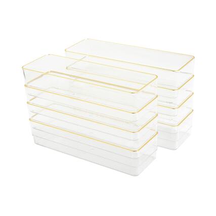 Front. Martha Stewart - Kerry Set of 8 Plastic Stacking Desk Drawer Organizers with Gold Trim - 9 x 3 - Clear/Gold Trim.