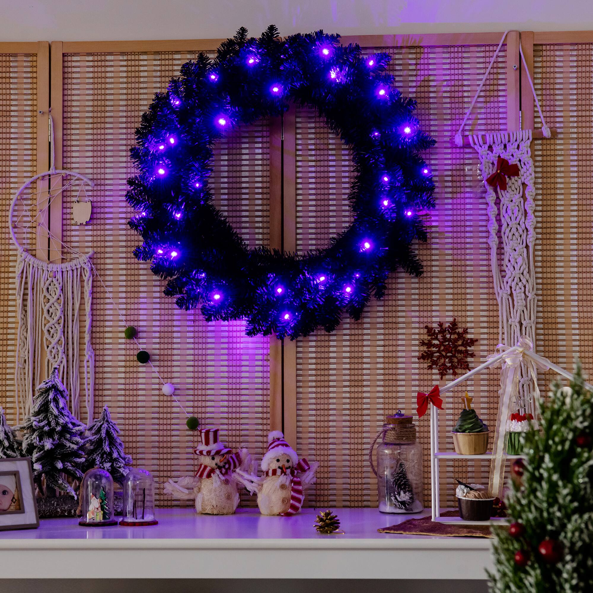 Alt View 2. Gymax - Gymax 24'' Pre-lit Black Halloween Wreath Christmas Wreath w/ Purple LED lights - Black.