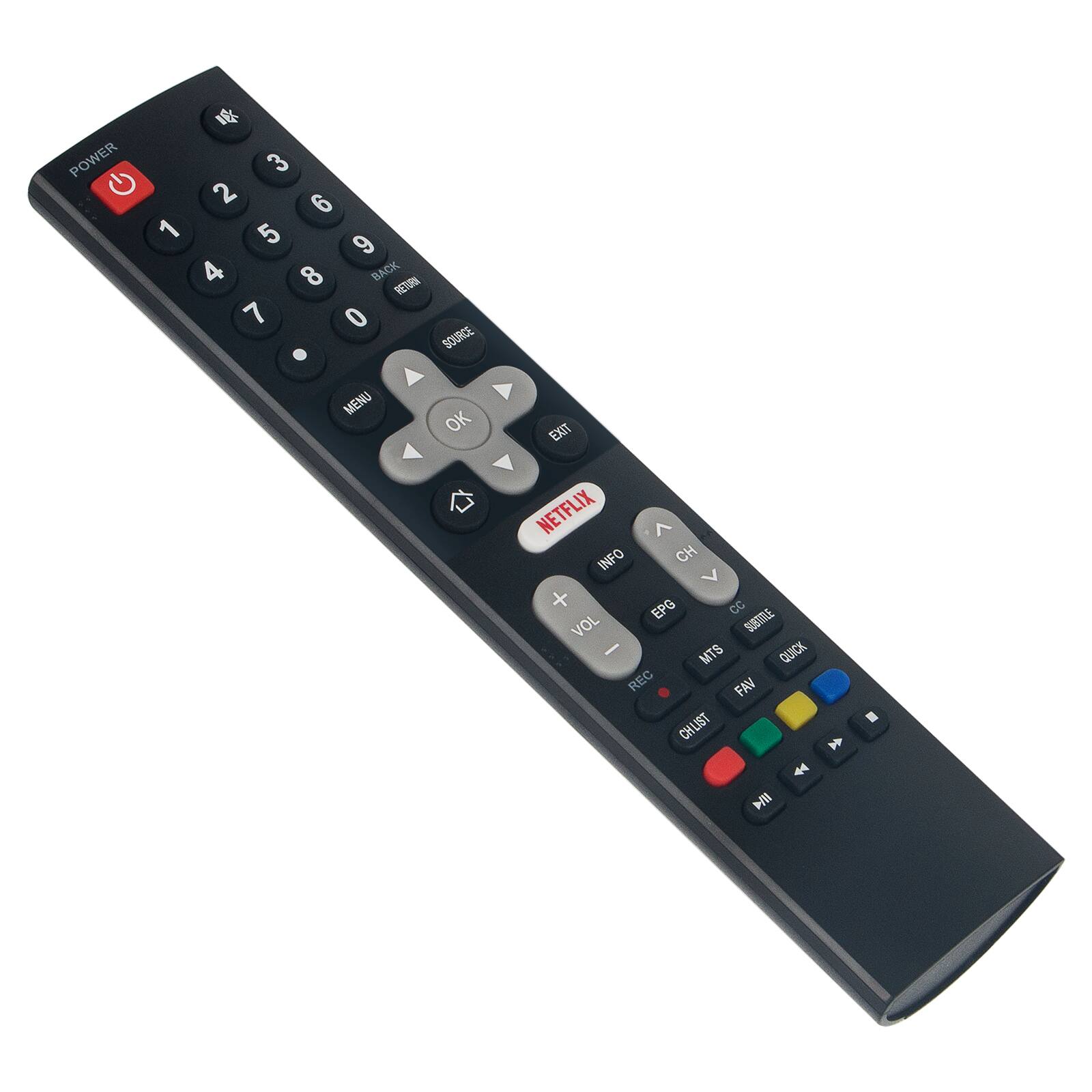 Sure, here is the corrected and grouped text from the image:

- POWER
- 1 2 3
- 4 5 6
- 7 8 9
- 0
- BACK RETURN
- SOURCE
- MENU
- OK
- EXIT
- NETFLIX
- INFO
- CH
- VOL
- EPG
- CC
- SUBTITLE
- MTS
- QUICK
- REC
- FAV
- CHLIST
- HM