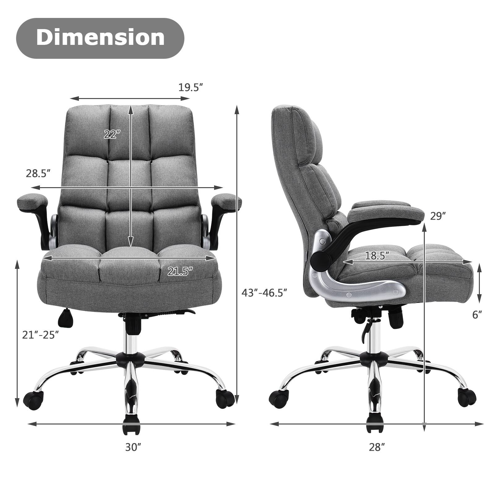 Dimension

- 19.5"
- 22"
- 28.5"
- 21.5"
- 21"-25"
- 30"
- 43"-46.5"
- 29"
- 18.5"
- 6"
- 28"