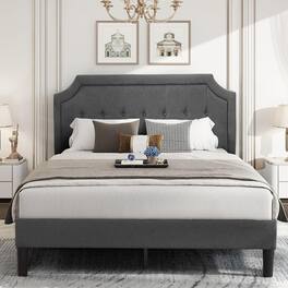 Vecelo - Linen Upholstered Full Size Bed Frame with Adjustable Headboard - Noise Free Platform Bed, 8" Under Bed Storage - Dark Gray