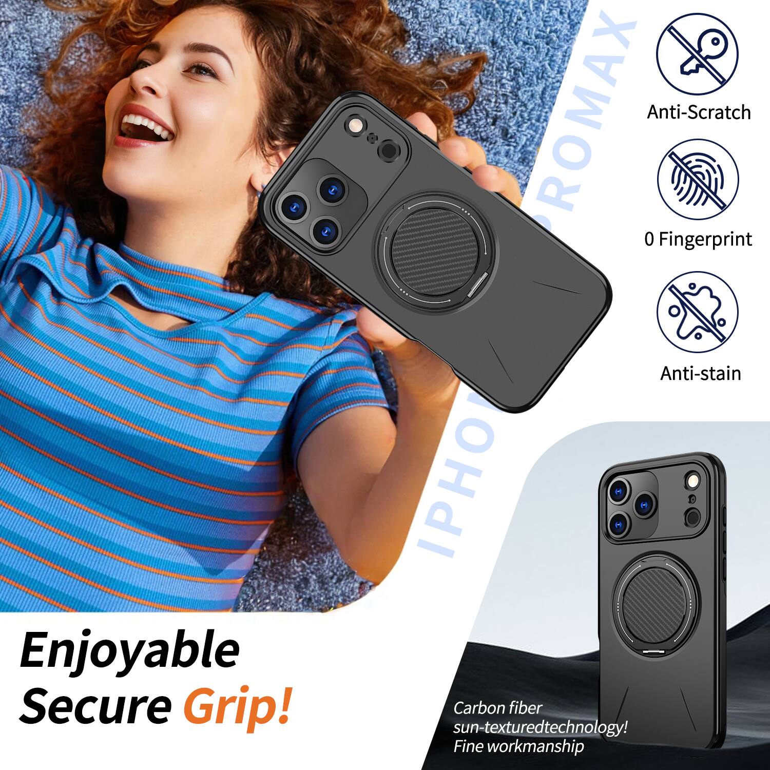 Enjoyable Secure Grip!  
ROMAX Anti-Scratch 0 Fingerprint Anti-stain IPHO Carbon fiber sun-textured technology!  
Fine workmanship