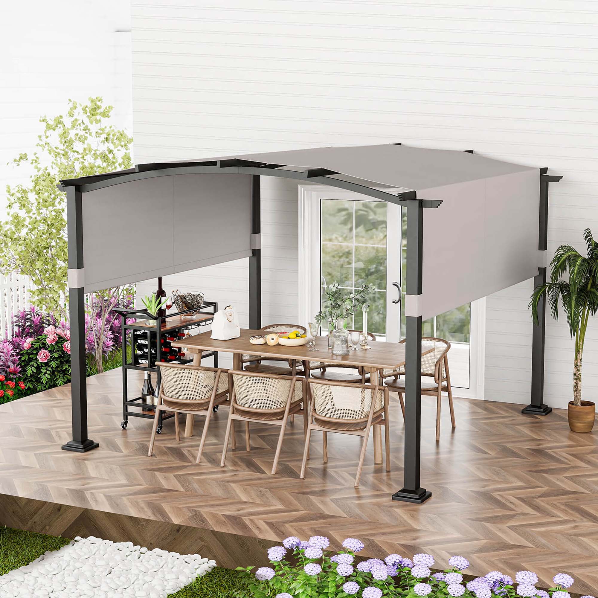 Alt View 4. Costway - 10' x 10' Outdoor Pergola with Retractable Sunshade Canopy Anchored Plates Patio - Grey + Black.