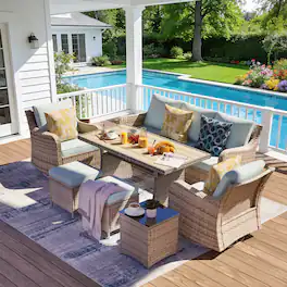 Yardgrace - 7-Piece Wicker Patio Set w/ Swivel Chairs, Loveseat, 2 Ottomans & Dining Table – Perfect for Relaxing - Blue