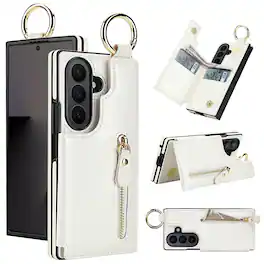 Dteck - Shockproof Wallet Case for Samsung Galaxy Z Fold7 with Ring and Card Slots, Zipper Pocket PU Leather TPU Folio Cover - White