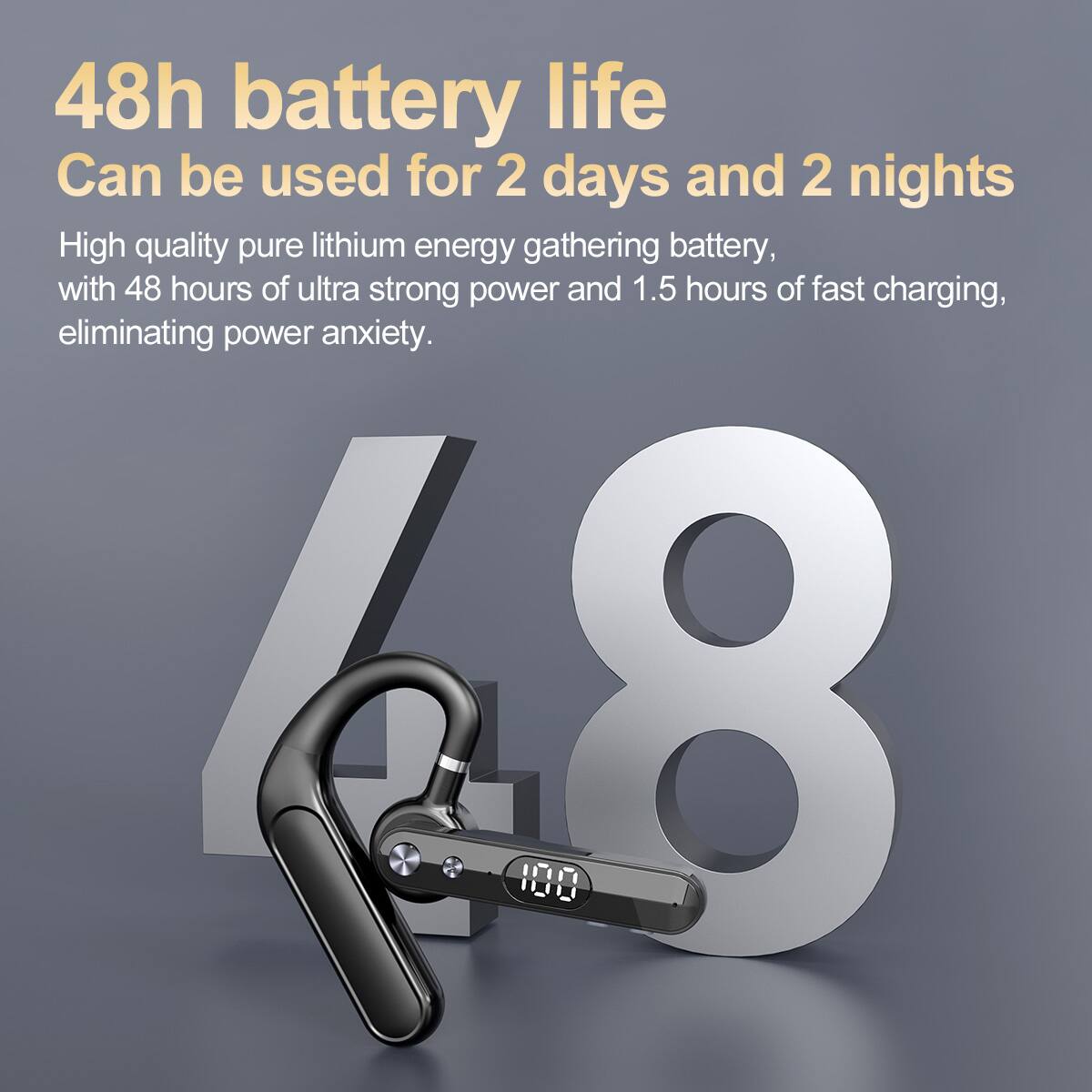 48h battery life  
Can be used for 2 days and 2 nights  

High quality pure lithium energy gathering battery, with 48 hours of ultra strong power and 1.5 hours of fast charging, eliminating power anxiety.