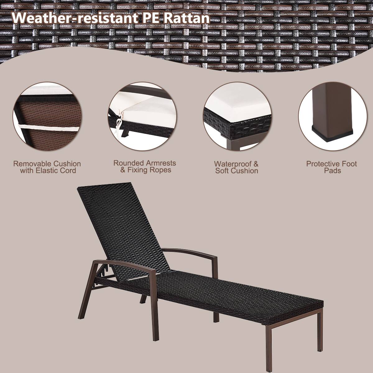 Weather-resistant PE Rattan, Removable Cushion with Elastic Cord, Rounded Armrests & Fixing Ropes, Waterproof & Soft Cushion, Protective Foot Pads