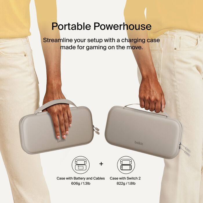 Portable Powerhouse  
Streamline your setup with a charging case made for gaming on the move.  

belkin  
belkin  

Case with Battery and Cables  
606g / 1.3lb  

+  

Case with Switch 2  
822g / 1.8lb