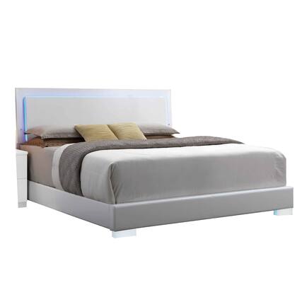Front. Manhattan Lane - Leatherette Eastern King Bed with LED Panel Headboard and Chrome Legs,White - White.