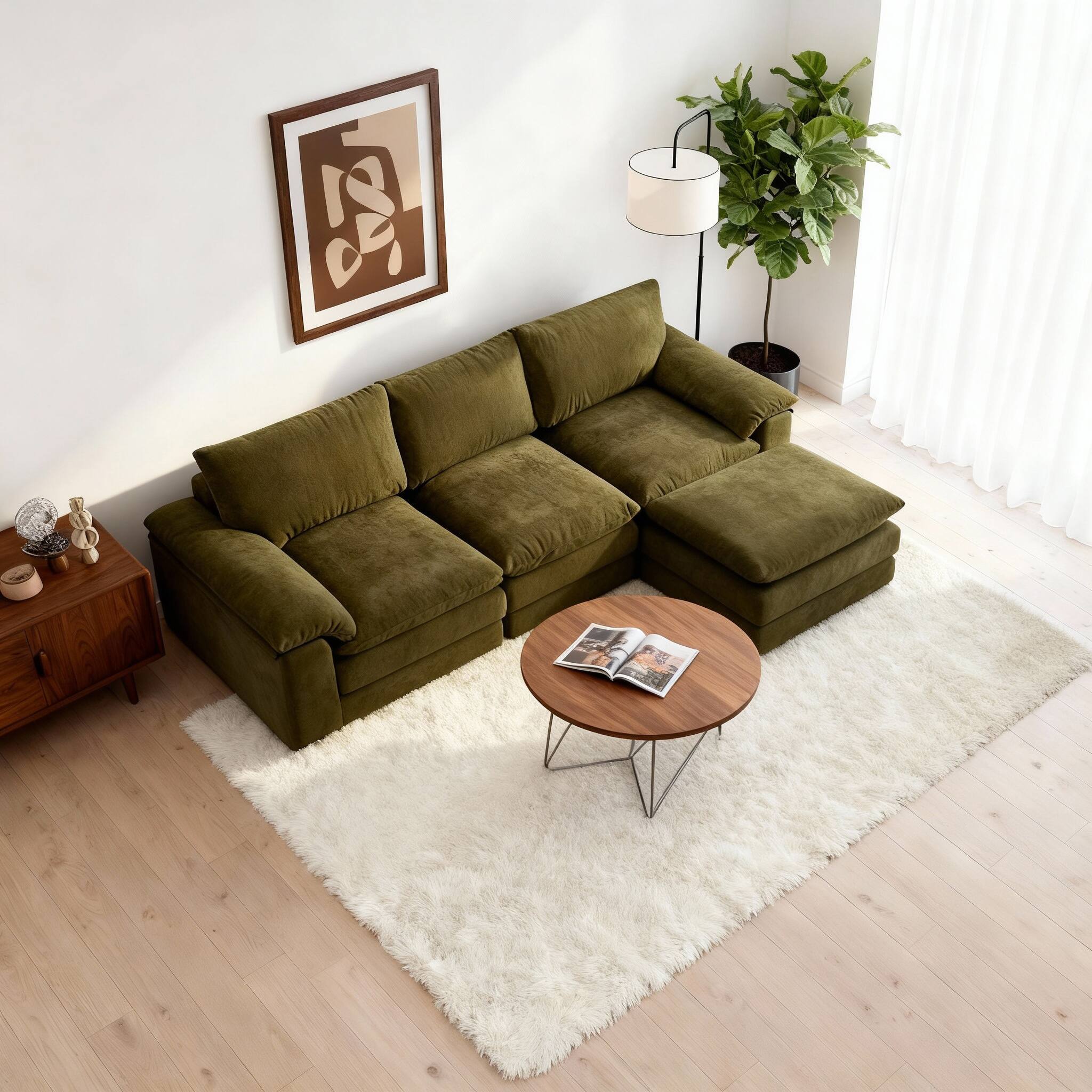 Angle. Anysun - Modular Sectional Sofa – L-Shape Cloud Couch with 1 Movable Ottoman, Comfy Chenille Deep Seat - Green.