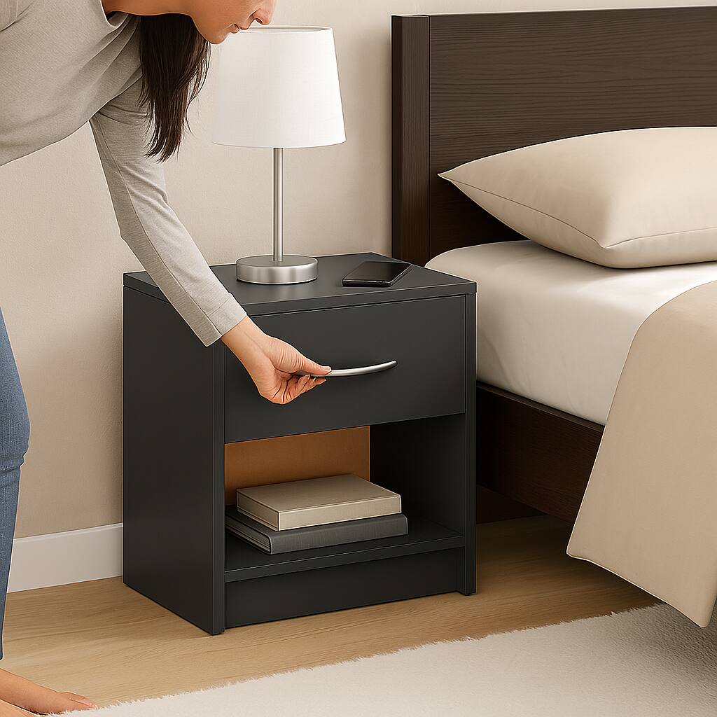 Angle. Hivvago - Wooden Bedside Unit with Shelf and Storage Drawer - Grey.