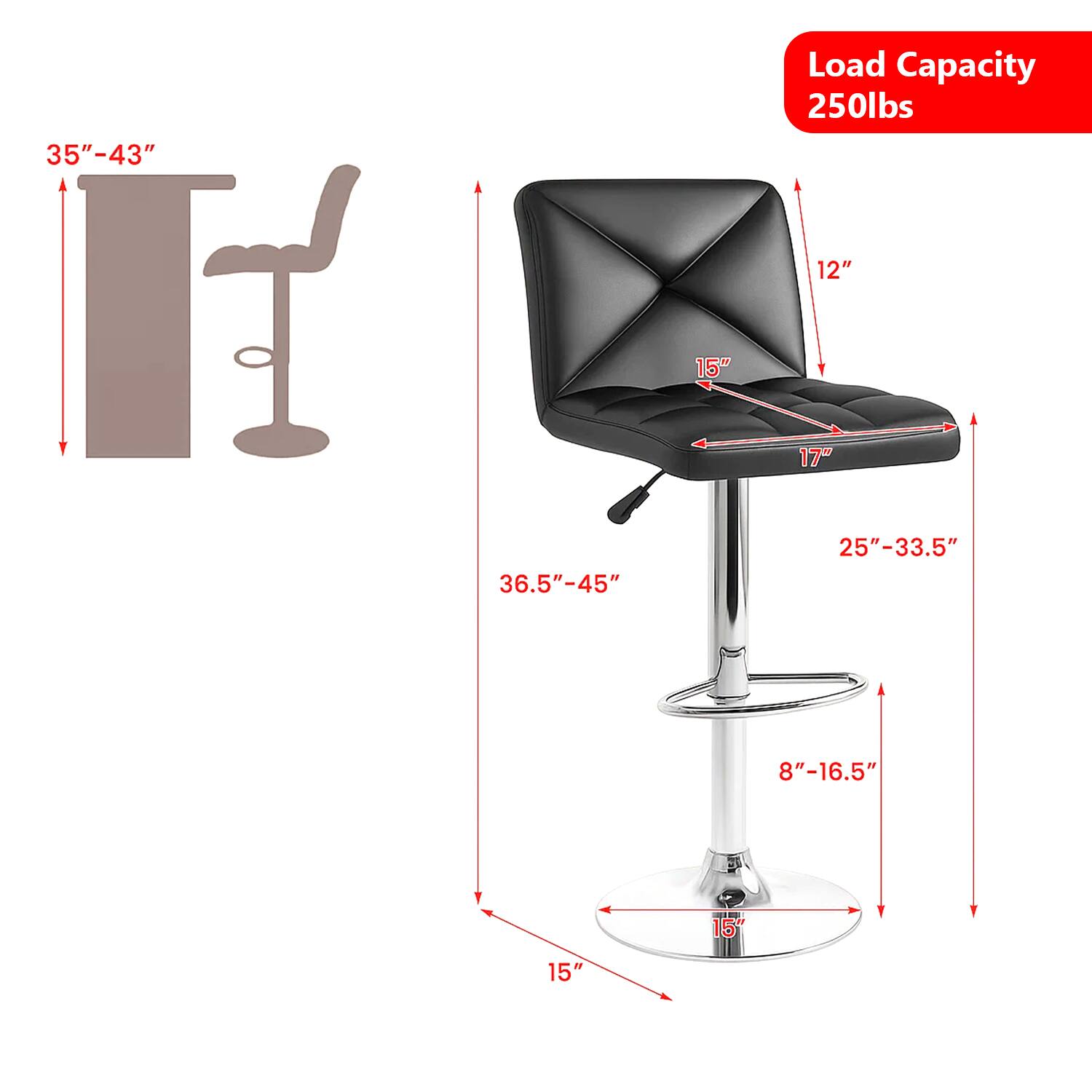 35"-43" Load Capacity 250lbs  
12" 15" 17"  
36.5"-45" 25"-33.5"  
8"-16.5" 15" 15"