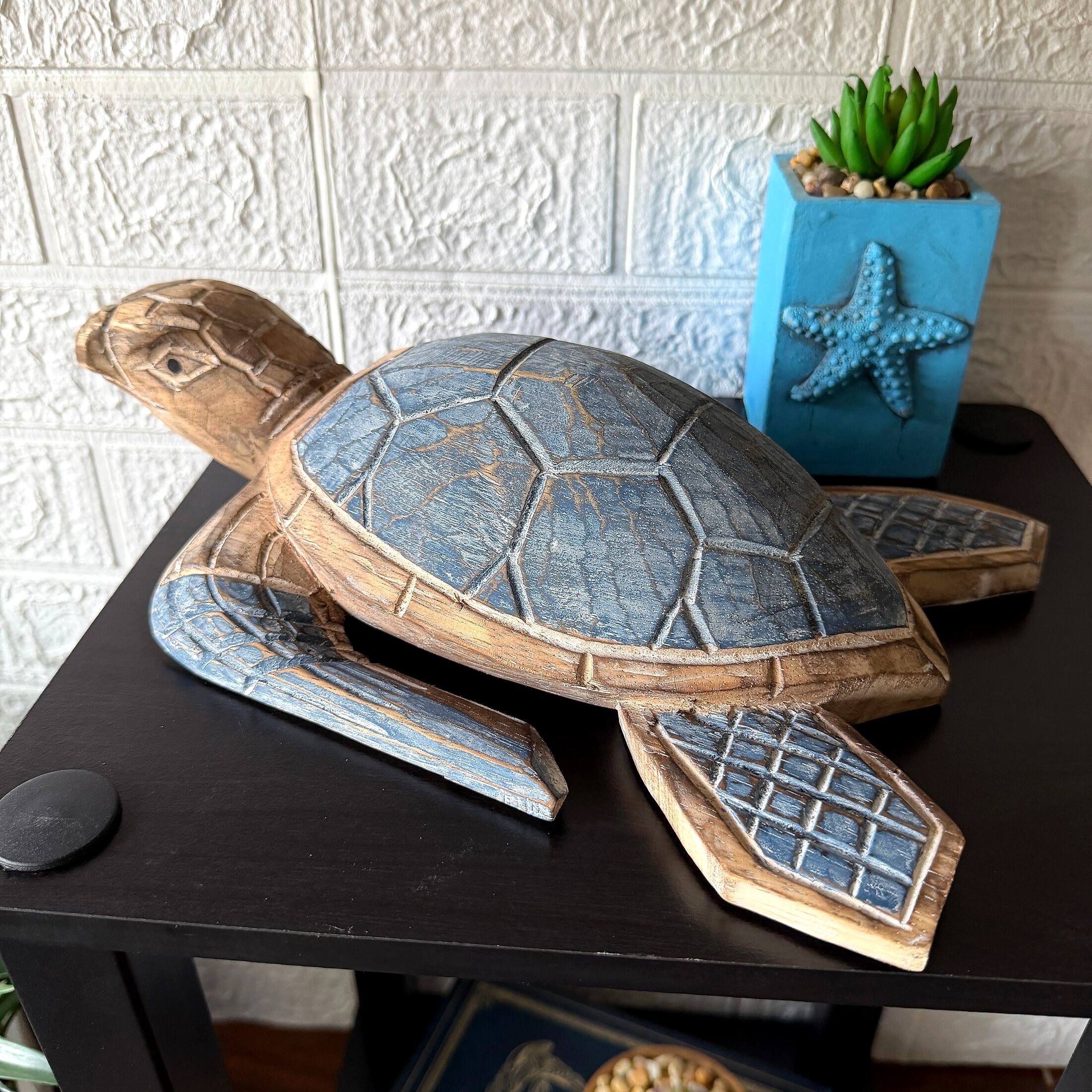 Alt View 3. Things2Die4 - Sea Turtle Statue Hand Carved Wood Blue Coastal Decor 12in Tabletop Art - Blue.