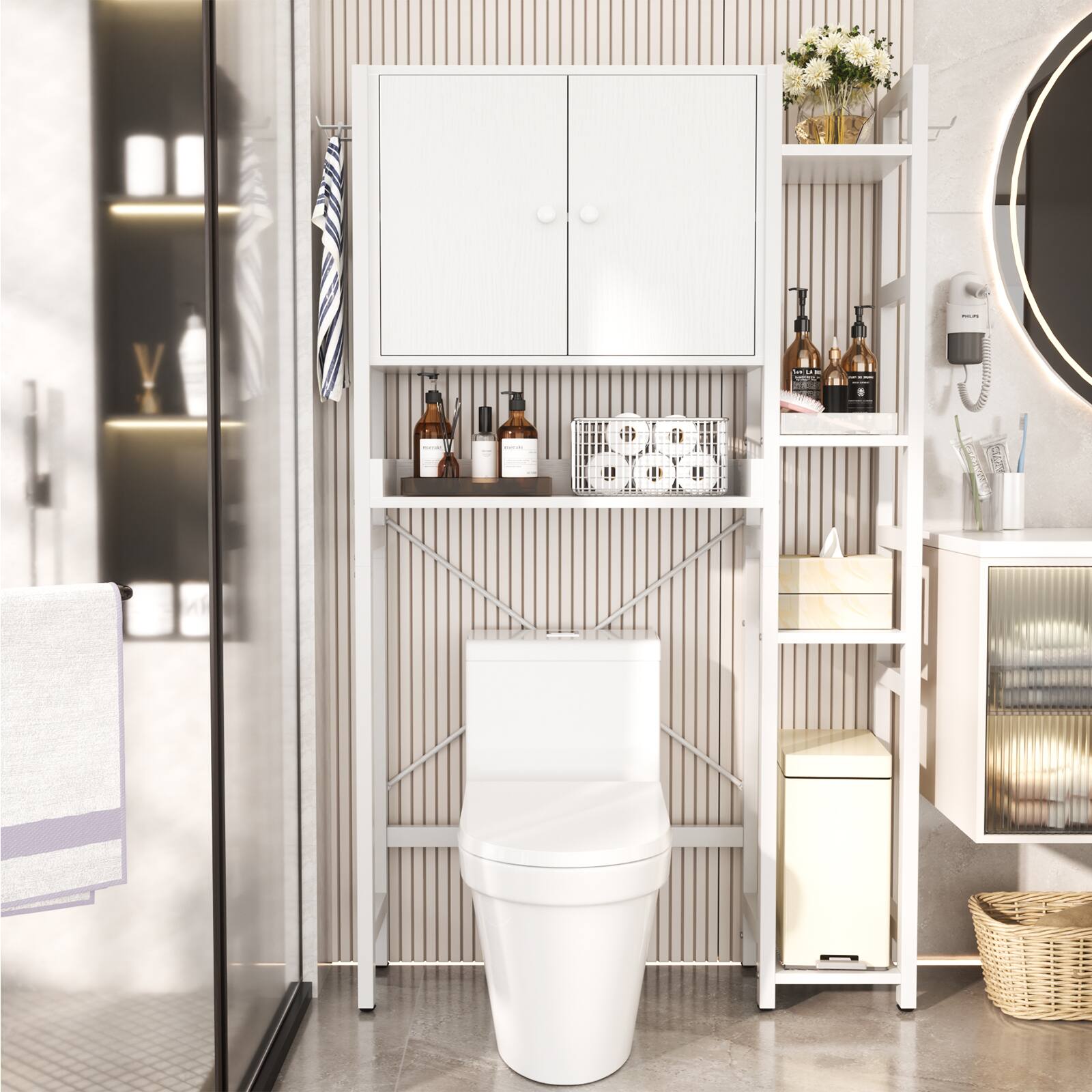 Aheaplus - Over The Toilet Storage Cabinet with Doors, 7 Tier Freestanding Bathroom Organizer with Adjustable Shelves & 4 Hooks - White