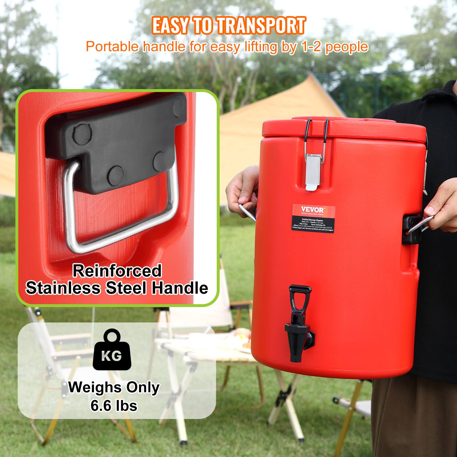 EASY TO TRANSPORT  
Portable handle for easy lifting by 1-2 people  

Reinforced Stainless Steel Handle  

Weighs Only 6.6 lbs