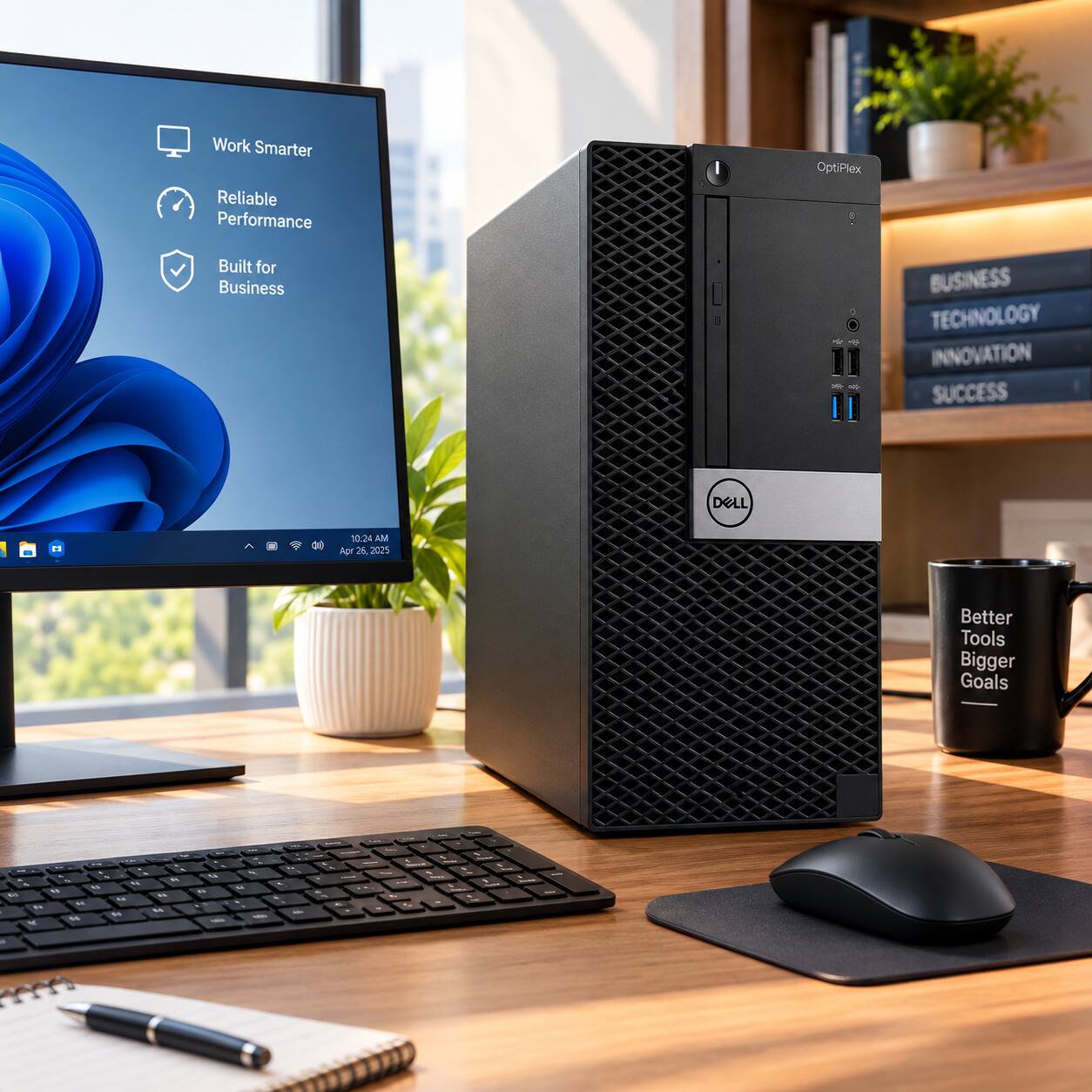 Work Smarter Reliable Performance  
OptiPlex  
Built for Business  
BUSINESS TECHNOLOGY INNOVATION SUCCESS  
DELL  
10:24 AM Apr 25 2025  
Better Tools Bigger Goals