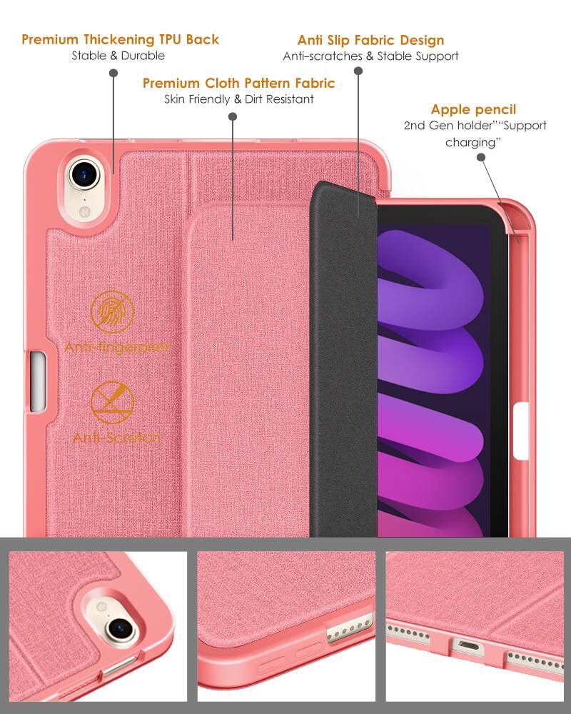 Premium Thickening TPU Back  
Stable & Durable  

Premium Cloth Pattern Fabric  
Skin Friendly & Dirt Resistant  

Anti Slip Fabric Design  
Anti-scratches & Stable Support  

Apple pencil 2nd Gen holder  
"Support charging"  

Anti-fingerprint  
Anti-Scratch