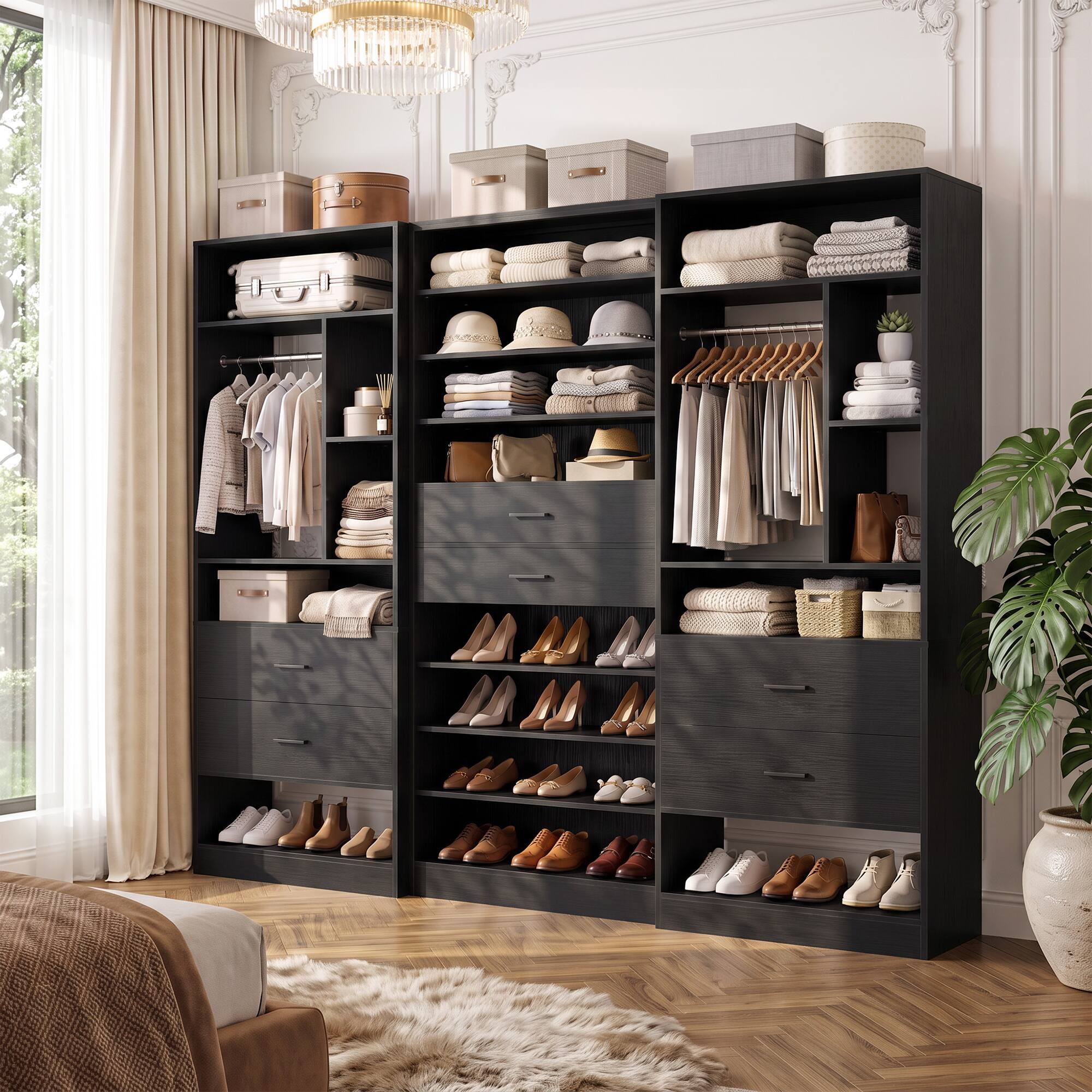 Left. Aheaplus - 3-Piece Freestanding Bundle: 10-Tier Shoe Rack + 2×24" Closet Systems with Drawers, Hooks & Adjustable Shelves - Black.