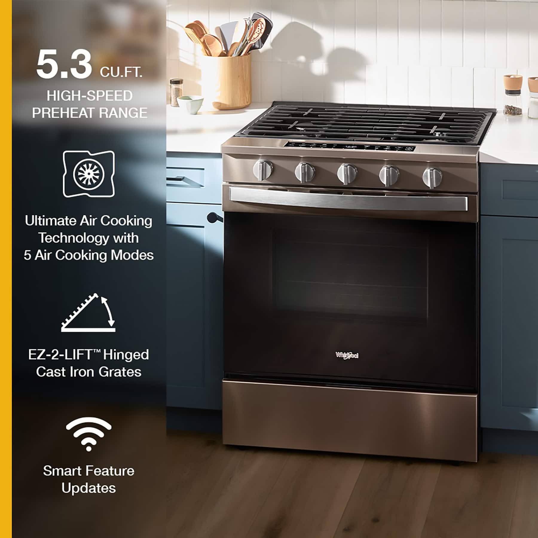 The text on the image is grouped and corrected as follows:
5.3 CU.FT. HIGH-SPEED PREHEAT RANGE: Ultimate Air Cooking Technology with 5 Air Cooking Modes EZ-2-LIFT Hinged Cast Iron Grates Smart Feature Updates