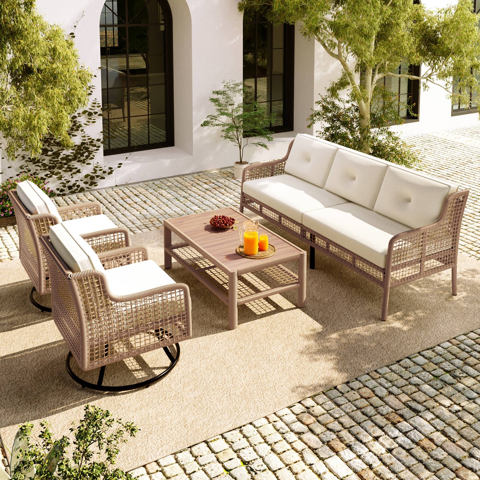 Angle. Whisen - 4-Piece Outdoor Wicker Patio Furniture Set, 3-Seater Sofa & 2 Swivel Chairs with Coffee Table - Beige.
