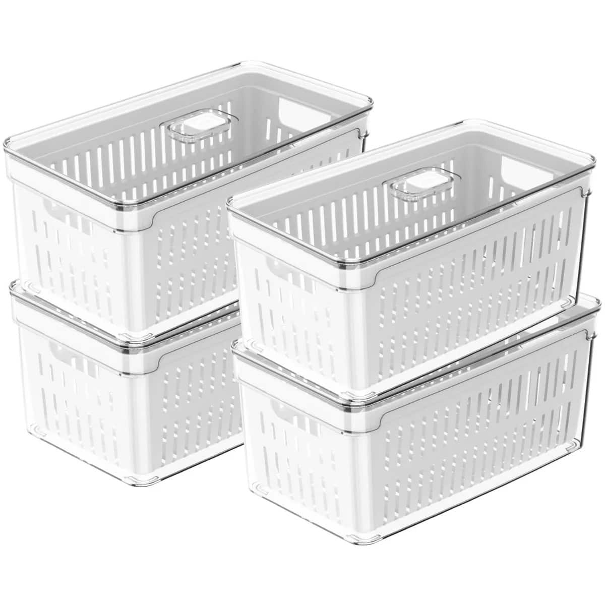 OU - Fridge Organizer Bin w Drain Basket & Vented Lid, Stackable Produce Kitchen Storage Bin, 4 Pack - Clear
