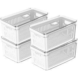 OU - Fridge Organizer Bin w Drain Basket & Vented Lid, Stackable Produce Kitchen Storage Bin, 4 Pack - Clear