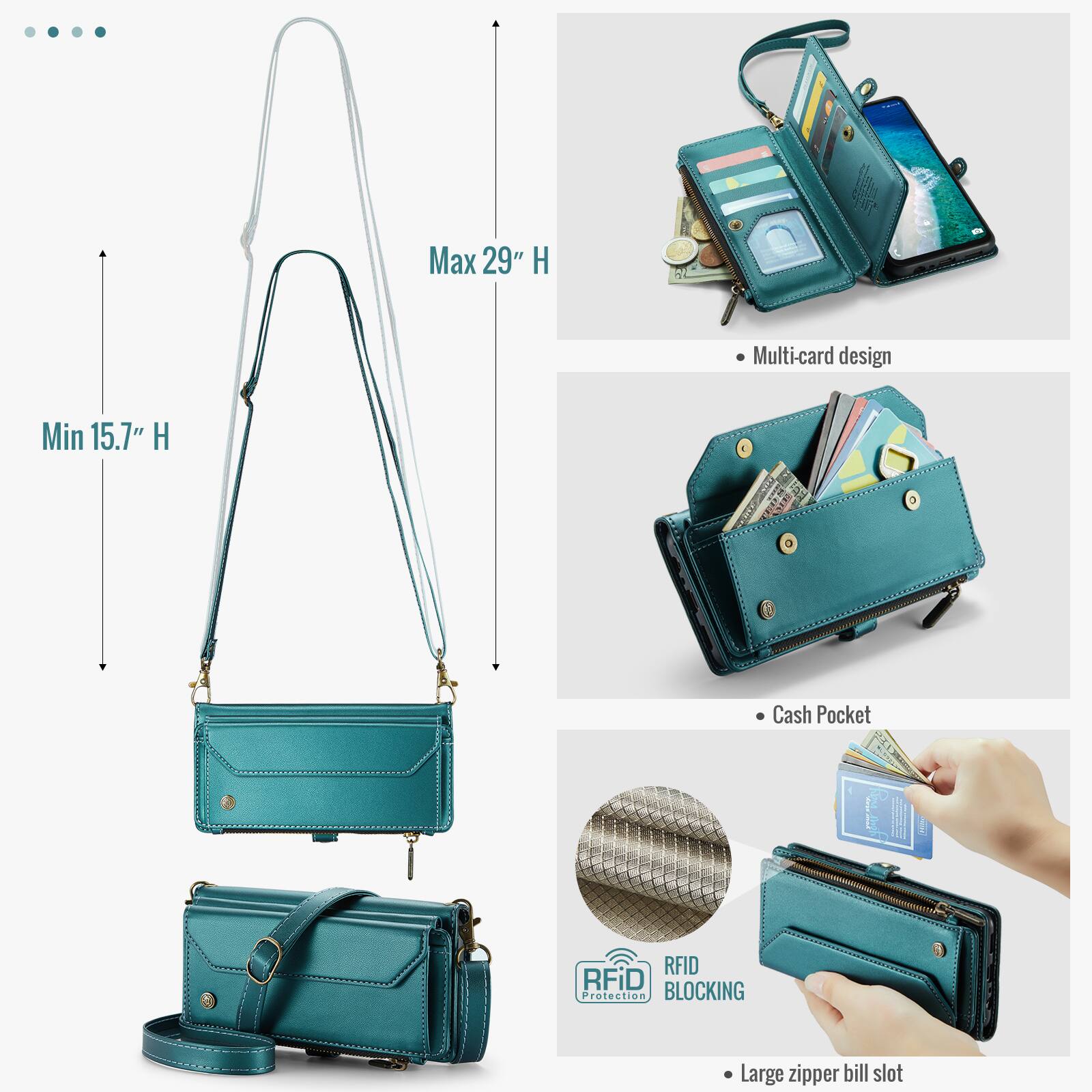 Max 29" H  
Multi-card design  
Min 15.7" H  
Cash Pocket  
RFID BLOCKING Protection  
Large zipper bill slot
