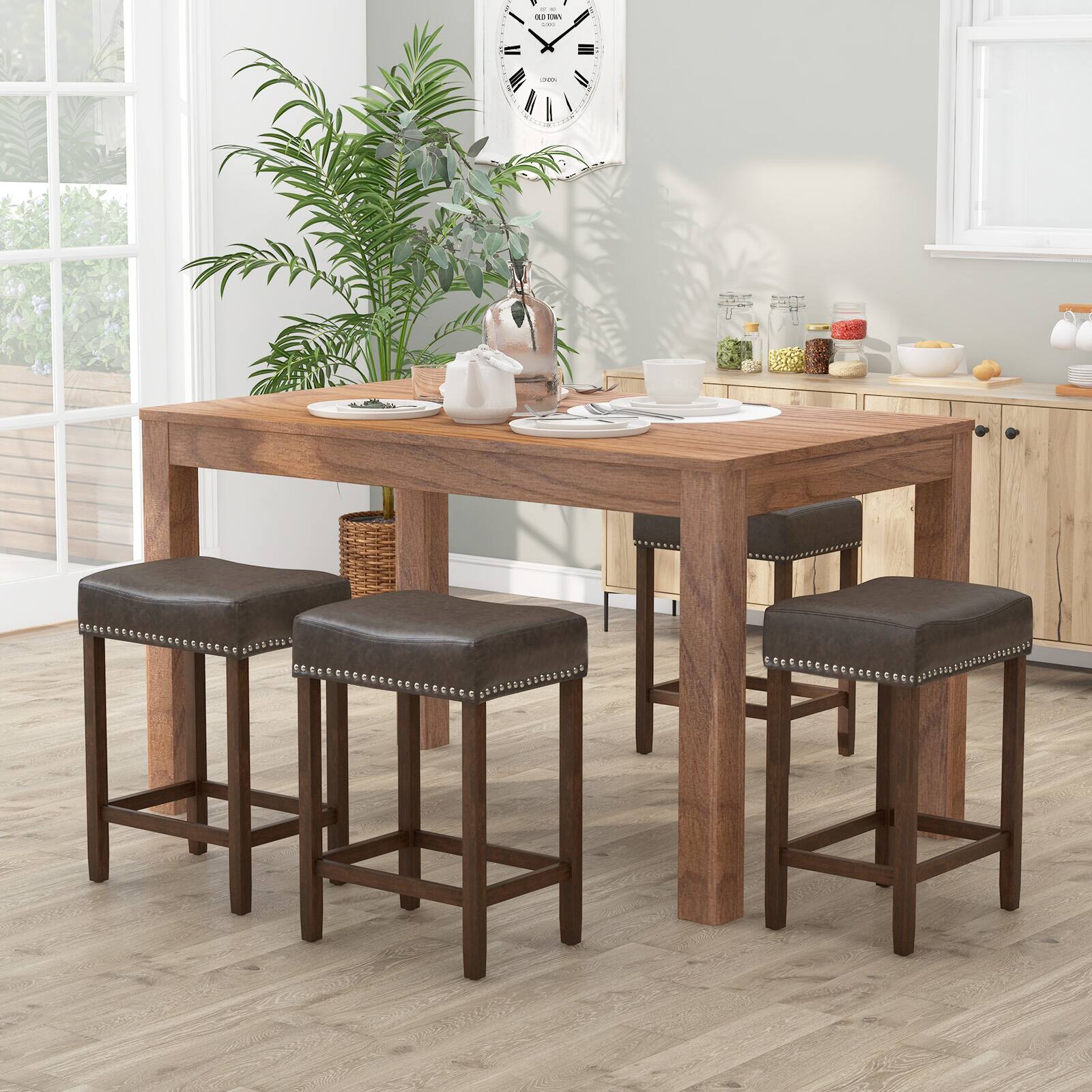 Alt View 5. Costway - 24" Upholstered Bar Stools Set of 2 with Footrests Rubberwood Frame Saddle-shaped - Gray.