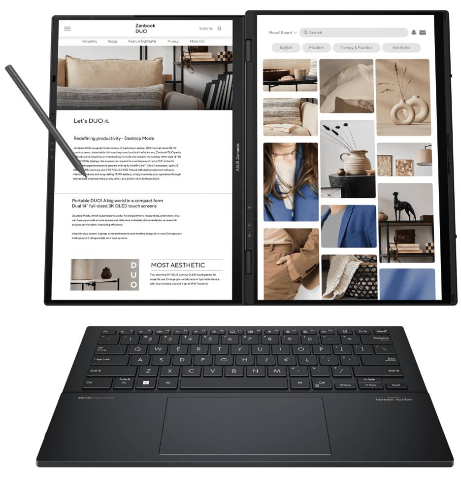 Sure, here is the corrected and grouped text from the image:

---

**Zenbook DUO**

- **Versatility**
- **Design**
- **Feature highlights**
- **Privacy**
- **More info**

---

**Let's DUO it.**

**Redefining productivity - Desktop Mode**

Zenbook DUO is a great travel-friendly dual-screen laptop that features a 14-inch full-sized OLED touch screen and a 12.7-inch 4K OLED touch screen. The 14-inch screen is perfect for multitasking, while the 12.7-inch screen is ideal for creative work. The laptop is powered by up to 11th Gen Intel Core i7 processor, up to 16GB RAM, and up to 1TB SSD storage. It also features a 12.7-inch 4K OLED touch screen that can be used as a secondary display or for creative work. The laptop is designed to be portable and lightweight, making it easy to carry around.

**Portable DUO - A big world in a compact form**

The 14-inch full-sized 3K OLED touch screen is perfect for multitasking, while the 12.7-inch 4K OLED touch screen is ideal