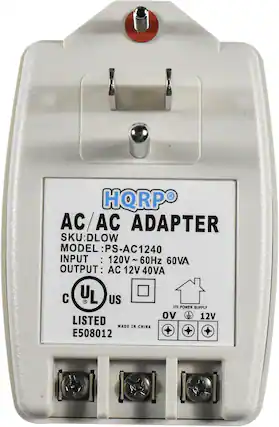 HQRP AC/AC ADAPTER
SKU: DLOW
MODEL: PS-AC1240
INPUT: 120V~60Hz 60VA
OUTPUT: AC 12V 40VA
UL LISTED
MADE IN CHINA
E508012
