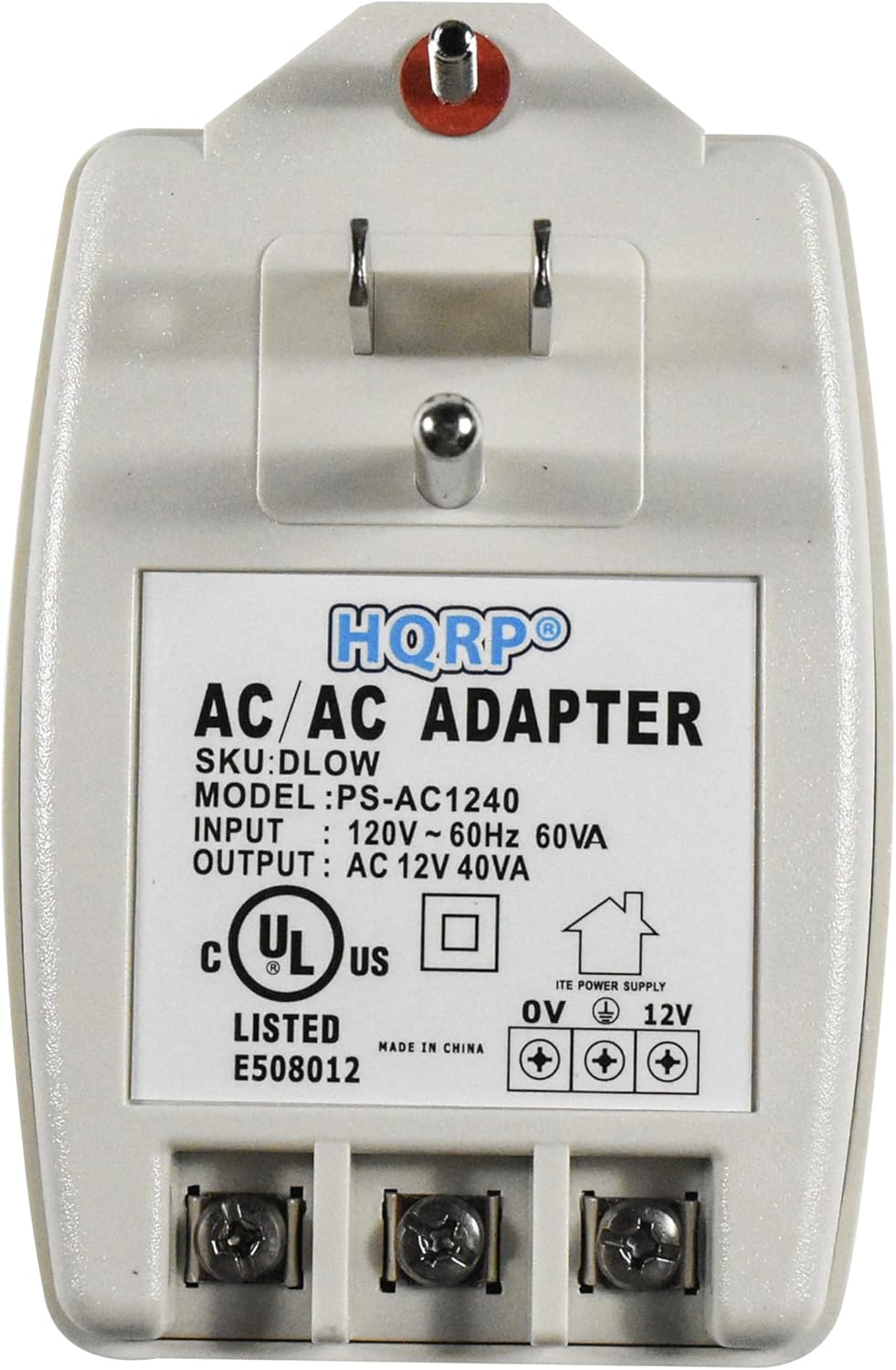 HQRP AC/AC ADAPTER  
SKU: DLOW  
MODEL: PS-AC1240  
INPUT: 120V~60Hz 60VA  
OUTPUT: AC 12V 40VA  

UL LISTED  
MADE IN CHINA  
E508012