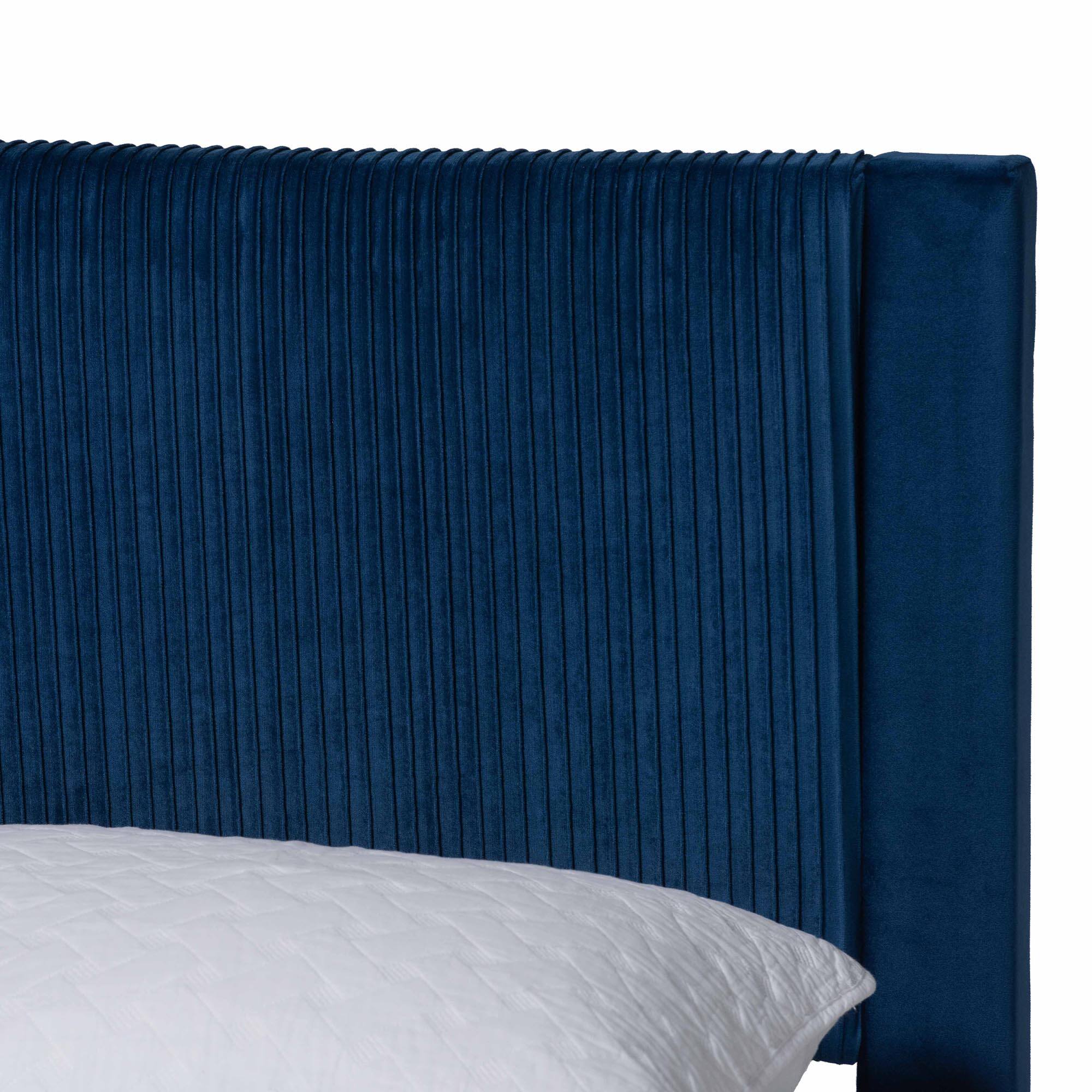 Alt View 2. Baxton Studio - Elora Modern Pleated Velvet Queen Size Storage Bed - Navy Blue.