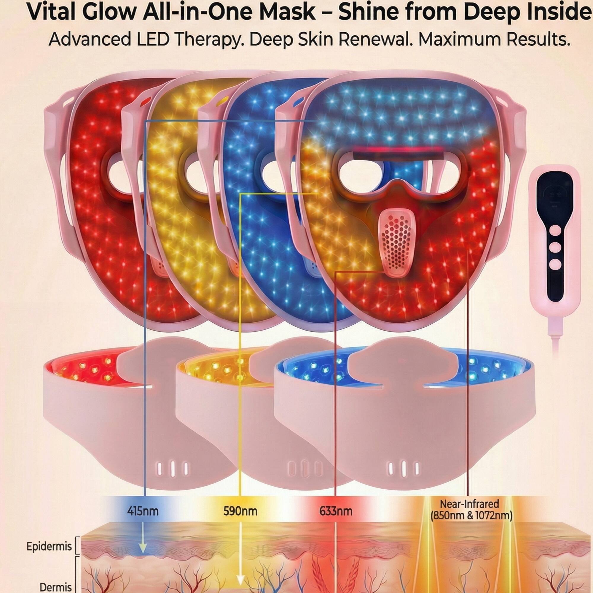 Vital Glow All-in-One Mask - Shine from Deep Inside  
Advanced LED Therapy. Deep Skin Renewal. Maximum Results.  

415nm  
590nm  
633nm  
Near-Infrared (850nm & 1072nm)  

Epidermis  
Dermis
