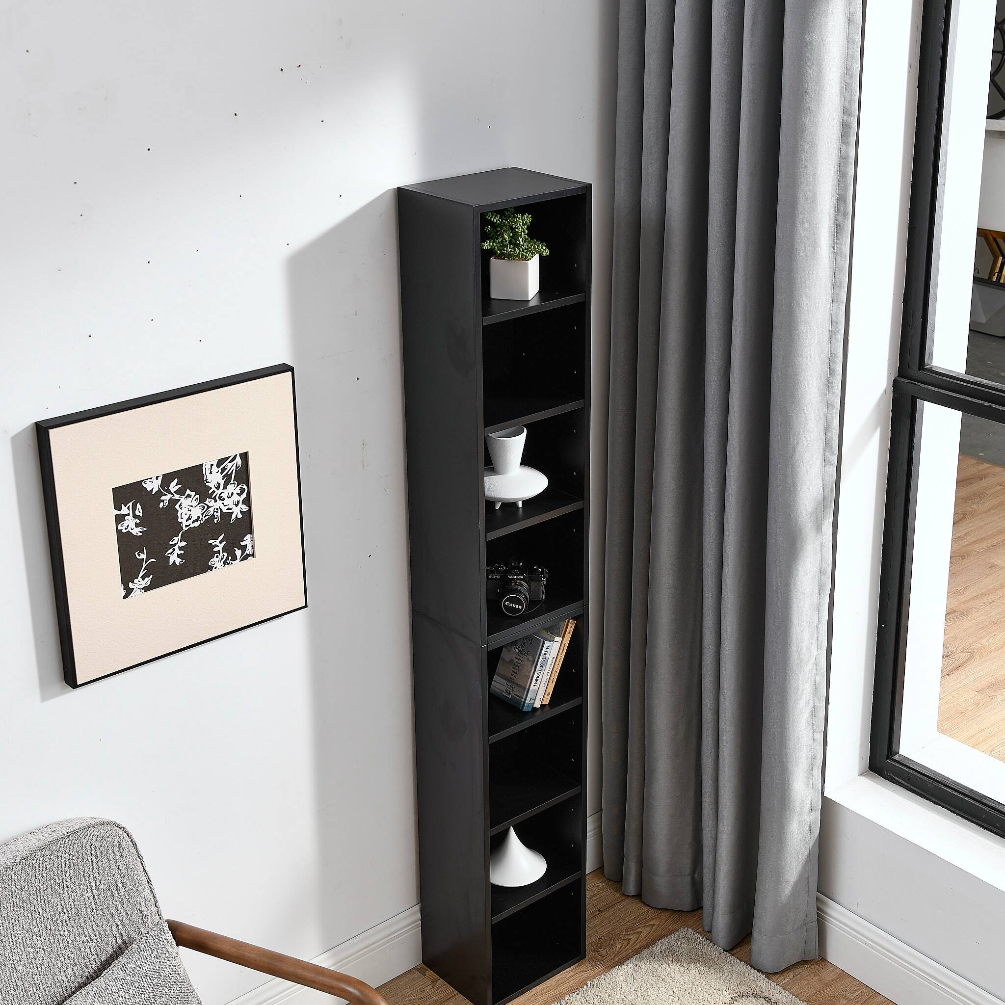 Alt View 1. Tiramisubest - 8-Tier Tall Narrow Bookcase Display Bookshelf with Adjustable Shelves, Multi-Functional Double-Decker Bookcase, Black - Black.