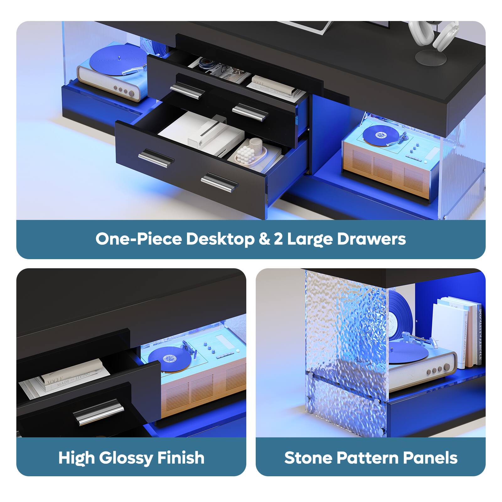 One-Piece Desktop & 2 Large Drawers  
High Glossy Finish  
Stone Pattern Panels