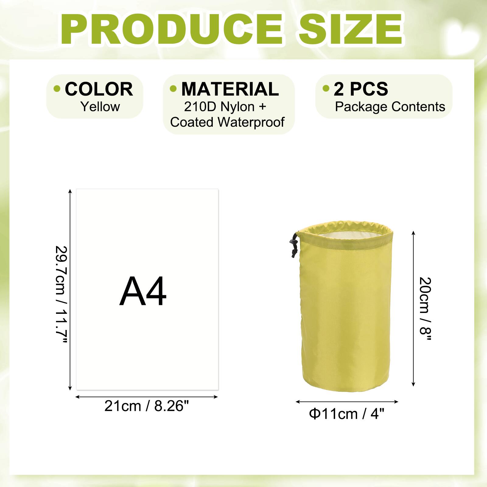 **PRODUCE SIZE**

- **COLOR:** Yellow
- **MATERIAL:** 210D Nylon + Coated Waterproof
- **2 PCS** Package Contents

**A4**

- 29.7cm / 11.7"
- 21cm / 8.26"
- 20cm / 8"
- Ø11cm / 4"